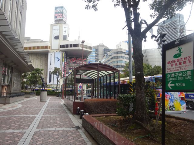 横浜駅西口「沢渡中央公園」への矢印看板(沢渡中央公園520m、横浜駅周辺地区一時避難場所と記載)と横浜ベイシェラトンホテル&タワーズ前、ヨドバシカメラの建物が見える