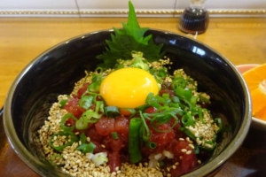 桜木町「キッチンカフェばる」で注文したまぐろのユッケ丼ぶりのアップ
