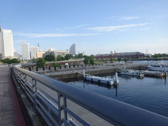 横浜中華街～横浜赤レンガ倉庫の徒歩での行き方（山下臨港線プロムナードの遊歩道から見える赤レンガ倉庫）