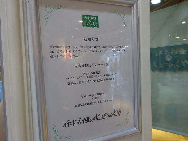 横浜駅西口ジョイナス「伊太利亜のじぇらぁとや」のジェラートについて書かれた案内