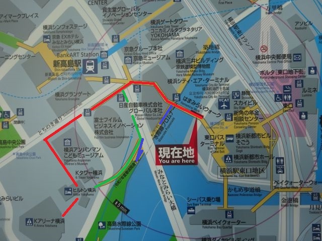 横浜駅からKアリーナ横浜のアクセス（横浜駅からKアリーナ横浜の地図・はまみらいウォークから赤線、緑線、青線を引いて行き方ルートを紹介）