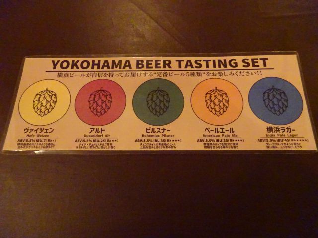 「横浜ビール本店レストランUMAYA」で注文したビール5種飲み比べセットの5種のビールについて書かれたビールを置くためのコースター
