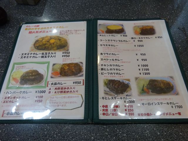 横浜高島町「カレーとハンバーグの店 バーグ戸部店」のメニュー表（スタミナカレー、各種カレー、ハンバーグの案内）