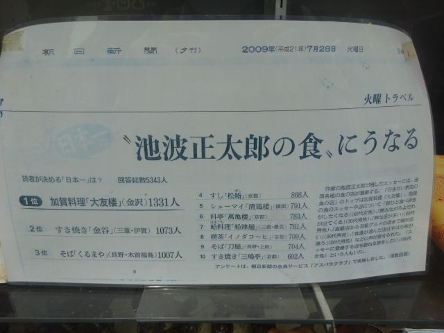 横浜中華街「清風楼」に展示されている池波正太郎の記事（新聞の切り抜き・池波正太郎のエッセイに登場するお店で読者アンケートのランキングに清風楼5位）