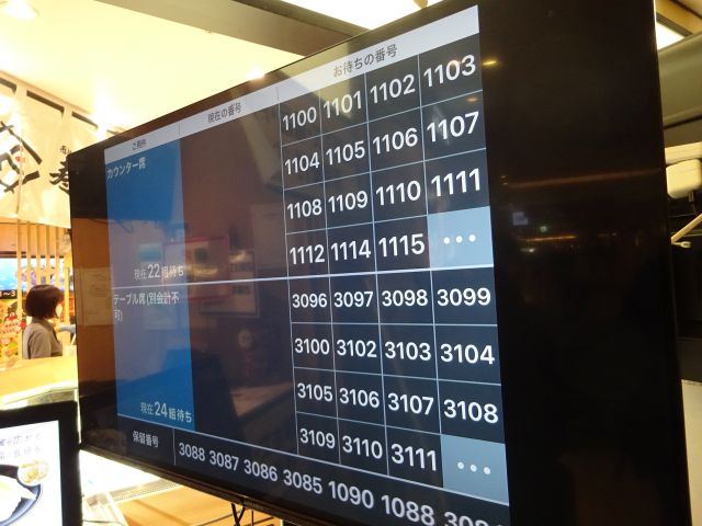 横浜駅西口「寿司活ジョイナス横浜店」の店頭に置かれた、順番待ちの番号が確認できる大型ディスプレイ（カウンター席とテーブル席それぞれ確認できる）