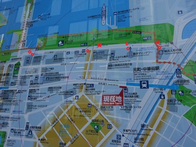 山下公園周辺の地図（山下公園周辺のバス乗り場・羽田空港リムジンバス乗り場のところに赤い印付けている）