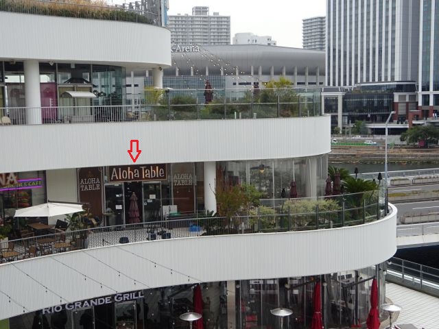 横浜ベイクォーター「アロハテーブル」のお店に赤い矢印