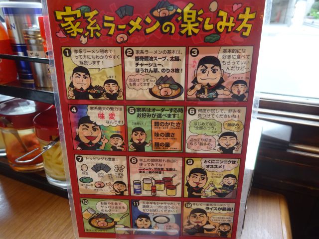 横浜駅西口・鶴屋町の横浜家系ラーメン「町田商店横浜駅前店」にて家系ラーメンの楽しみ方が書かれた案内