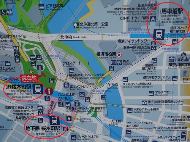 桜木町駅～馬車道駅徒歩ルート（桜木町駅と馬車道駅の周辺地図、JR・市営地下鉄「桜木町駅」とみなとみらい線「馬車道駅」のところに赤い丸印をつけている）