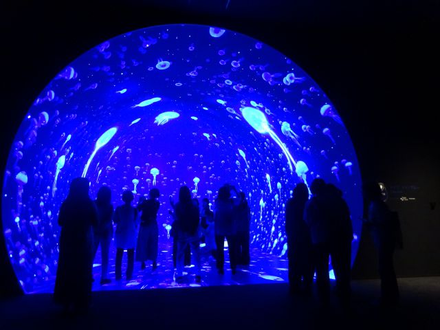 BASEGATE横浜関内「ワンダリア横浜」ゾーン2の様子（LEDイマーシブトンネルと深海に浮かぶクラゲの映像）