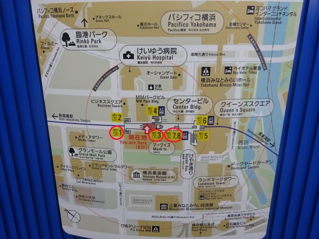 みなとみらい駅の出口マップ（グランモール公園に近い出口1、3、7、8に赤丸印をつけている）