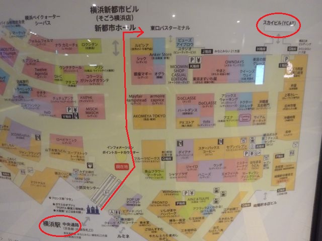 横浜スカイビル2階ペデストリアンデッキ「はまテラス」に行く地下ルート（横浜ポルタ地下街のフロアマップ・横浜駅東口中央通路からスカイビルまでのルートに赤い矢印をつけている）