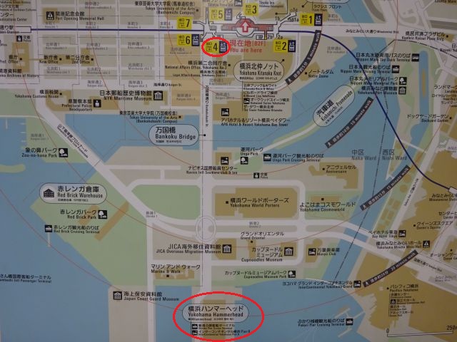 馬車道駅の周辺地図（馬車道駅出口4と横浜ハンマーヘッドに赤い丸印をつけている）